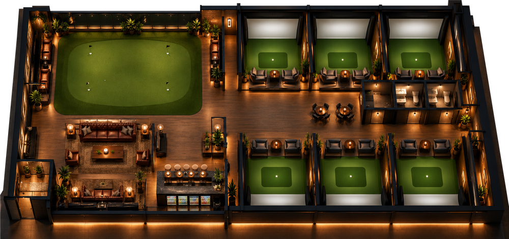 3D cutaway of the club floor plan: the short game green, six simulator bays, the lounge and the snack bar