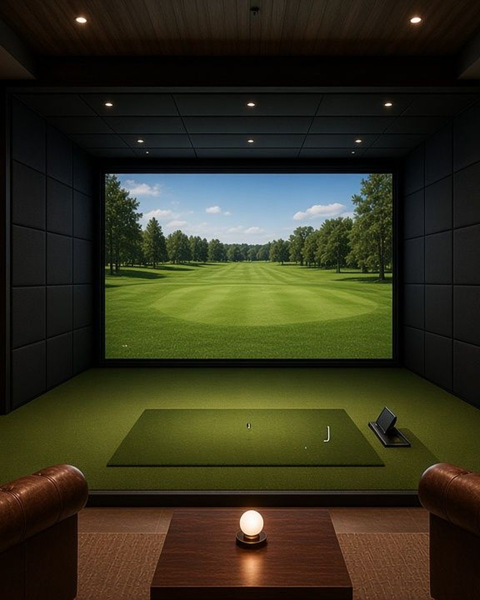 Concept rendering: an Oak simulator bay, screen and hitting mat with leather armchairs behind