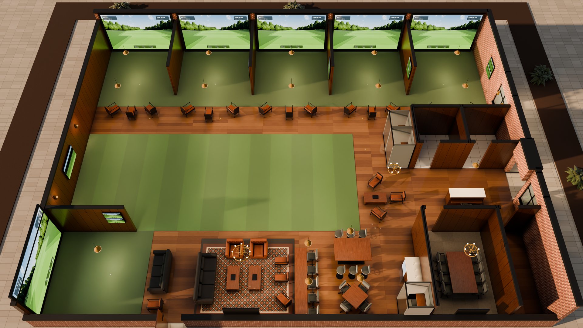 Concept rendering: cutaway overhead view of Oak with the roof removed. Five simulator bays run along the top wall and a sixth sits in the near-left corner, the putting green fills the middle of the room, and the clubhouse along the bottom and right holds lounge seating, work tables, phone booths, restrooms and an enclosed conference room
