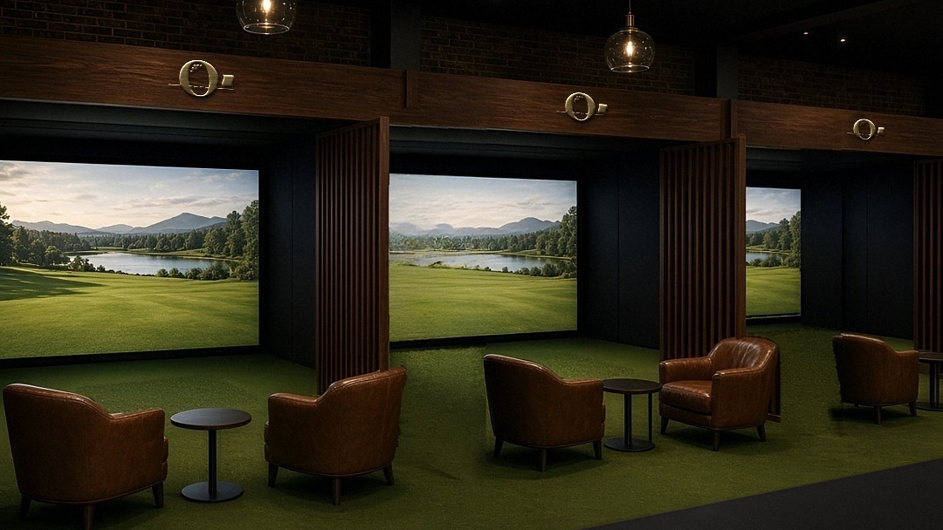 Concept rendering: a row of simulator bays, each screen showing a lake hole, with leather armchairs and side tables on the turf in front of them