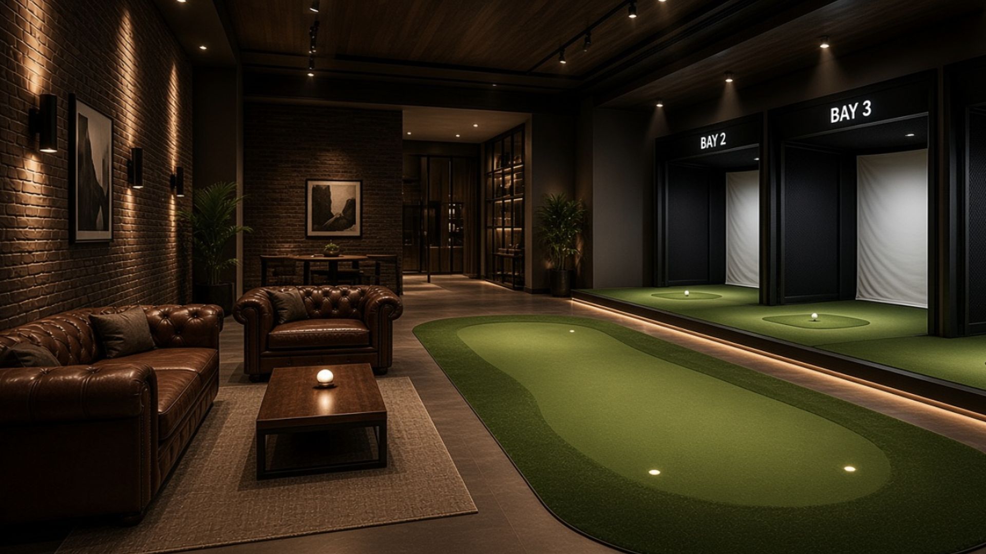 The members lounge at night: brick walls, chesterfield sofas, a walnut table and the putting green running past Bays 2 and 3