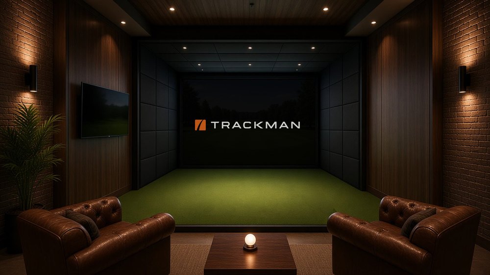 A TrackMan iO simulator bay with leather armchairs