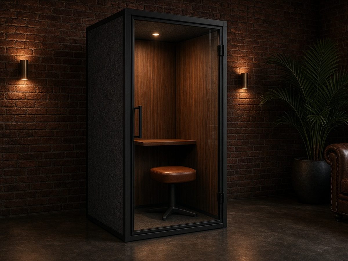 A single-person phone booth with a walnut interior, a small desk and a stool