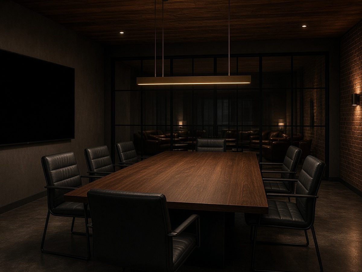 A conference room with a walnut table for eight, leather chairs and a glass wall