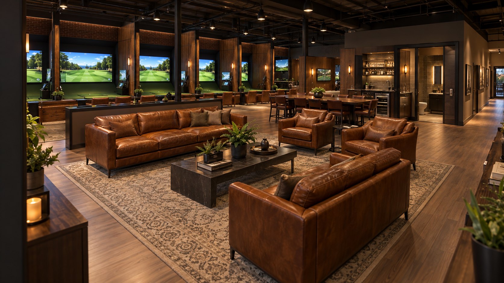 Concept rendering: the member lounge — leather sofas and armchairs around a stone coffee table on a patterned rug, with the simulator bays along the far wall and the bar and dining tables beyond