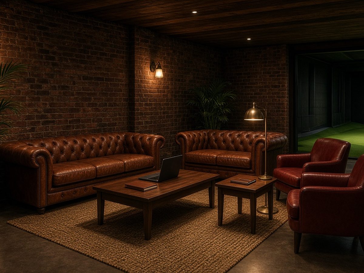 Leather sofas and armchairs around a walnut coffee table, with a laptop open on a side table