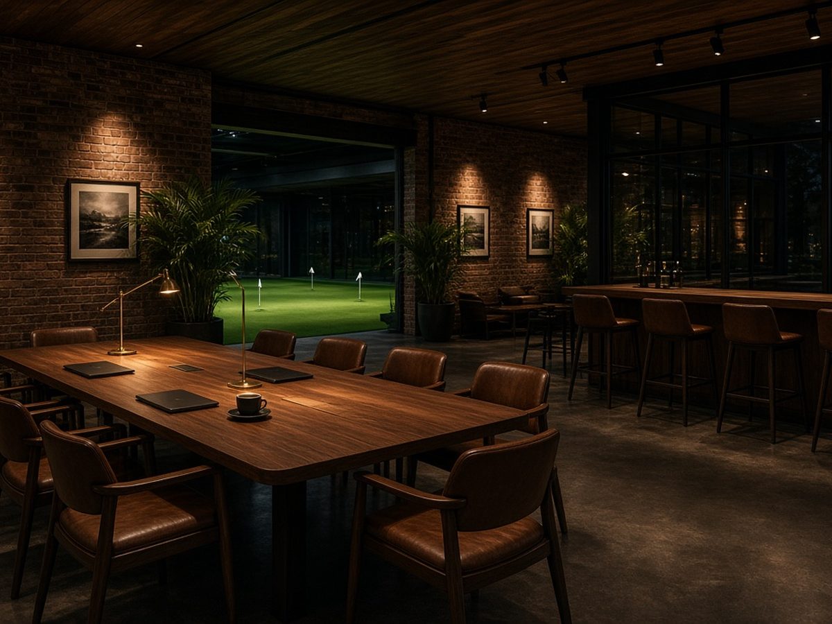 A long walnut work table with leather chairs and brass lamps, overlooking the putting green